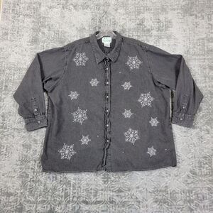 Quacker Factory Denim Shirt Women's 2X Black Beaded Snowflakes Button Front